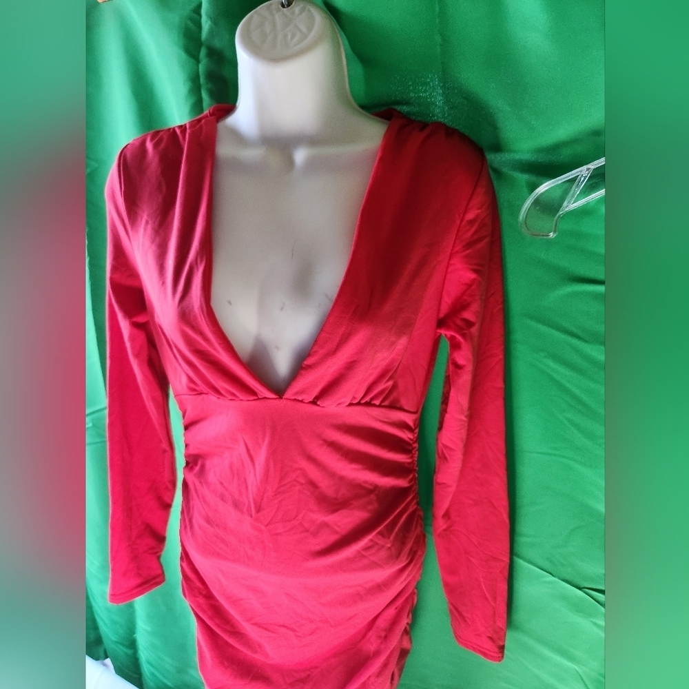 Shein Red Dress Low V-Neck Long-Sleeve